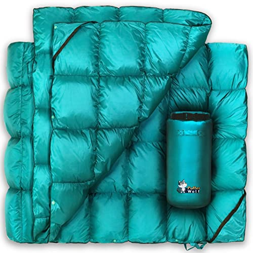 PUFFER WOLF | Extra große, doppelt isolierte Outdoor-Campingdecke | 2 x flauschige, warm, verstaubar, wetterfest, langlebig und leicht | Top Steppdecke für Wandern, Stadionveranstaltungen, Picknick.