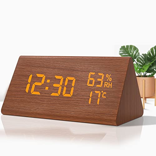 VORRINC Väckarklocka digital väckarklocka trä, träutseende väckarklocka bordsklocka med röststyrning/datum/innertemperatur och luftfuktighet, 3 justerbara larm, för hem, barn och kontor (brun)