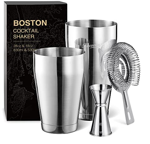 KITESSENSU Boston Cocktail Shaker Set, 4-Piece Boston Shaker Tins Bartender Kit with 18oz & 28oz Mixed Drink Shaker, Hawthorne Strainer, Double Measuring Jigger, Cocktail Recipe Cards Included