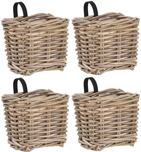 Set / 4 Balkonkorb Grau Balkon Geländer Pflanz-Korb Blumen-Topf Natur Rattan Balkonkasten Pflanzgefäß mit Folie (4, Rechteckig klein)