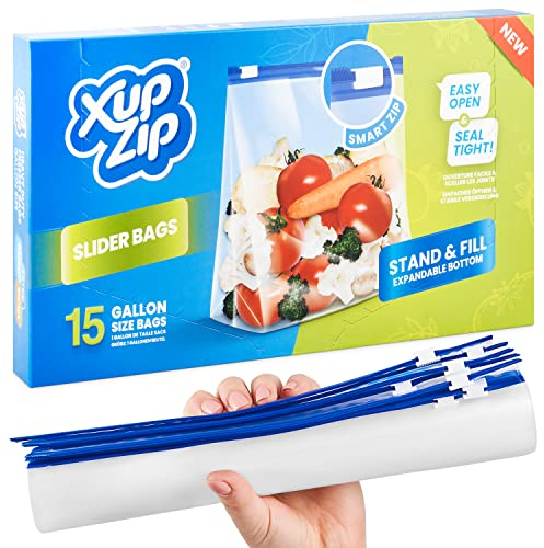 XupZip Premium Gefrierbeutel zur Aufbewahrung von Lebensmitteln| Luftdichter und auslaufsicherer Smart Zip Seal | BPAfrei| Kunststoff (1 Gallone / 4,55 l – 15 Beutel)