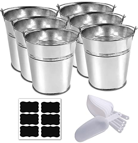 6 Metal Buckets With Chalkboard Stickers and Plastic Kitchen Scoops, Small Galvanized, for Birthday, Wedding Party, Garden Planters, Party Supplies, Decorations, 5 Inch Tin - (Tie 6)