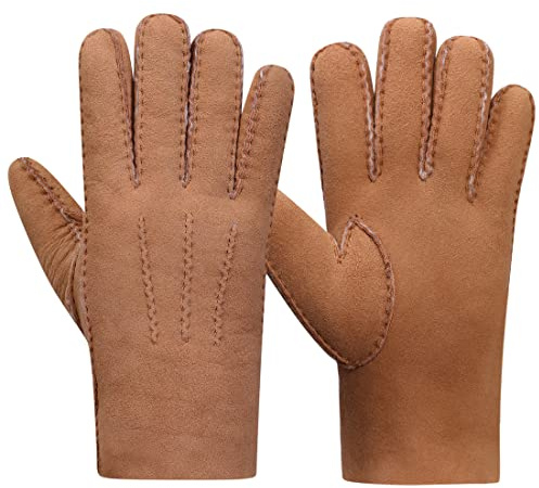 Harssidanzar Guanti in pelle da Uomo,Pelle di pecora Shearling Pelliccia Cuff Caldo Foderato Spessore Lana Caldo Per Inverno Freddi Guanti KM043,Cammello,L