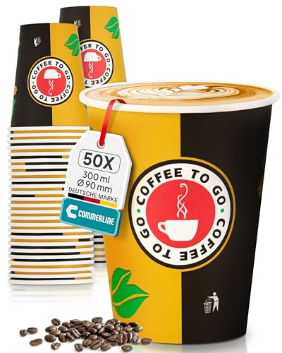 Commerline 50 Stycken 300 ml (12 oz, Ø 90 mm) Kaffemugg för Take Away i Kartong | Engångsmuggar i Papper för Kaffe och Te | Stabil Pappersmugg för Engångsbruk | Kaffe-/Temugg