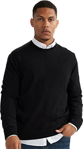 alsestudio Men`s Crewneck Jumper 100% Cotton Premium Quality Soft Touch Long Sleeve Pullover Essential Style Knitted Sweaters for Men Black-Large