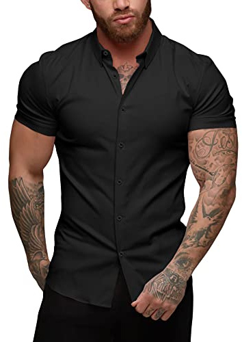 URRU Herren Hemd Kurzarm Muskel Fit Freizeithemden Bügelleichte Business Hemd Herrenhemden Sommerhemd, Schwarz, S