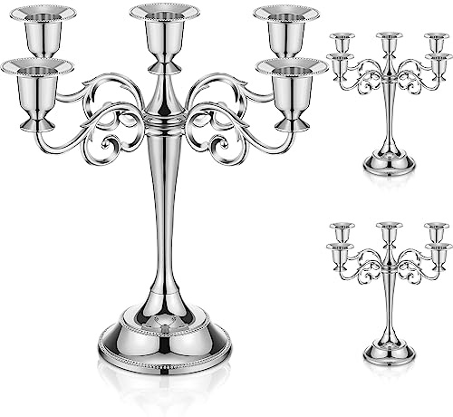 Dandat 3 Pcs 5 Arm Metal Candelabra Candlestick Holders 10.24 Inch Tall Candlestick Holders Gothic Candle Holder for Home Wedding Church Halloween Party (Sliver)