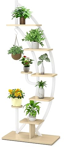 KOMFOTTEU 5-Stöckiger Pflanzenständer, Metall-Blumenständer, Pflanzentreppe mit Kippschutz, Blumentreppe mit 7 Ebenen & 1 Haken, Display-Regal für Garten Balkon Wohnzimmer, Weiß (1 Stück)