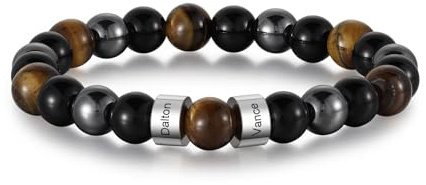 jewelora Personalisierte Armband mit Namen für Herren Tigerauge Obsidian Schwarzer Gallenstein Perlen Armband Geschenke für Papa Ehemann Freund