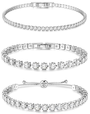 Dochais 3 Stück Tennis Armband Damen Silber Zirkonia Armbänder Diamant Armband Damen Armbänder Glitzer Tennisarmbänder Strass Kristalle Set für Frauen Mädchen Ehefrau Mutter Schmuck Geschenk A