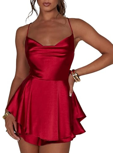 Miolasay Women Backless Short Romper Satin Dress Sexy Cowl Neck Short Jumpsuits Tie Ruffle Layer Spaghetti Strap Mini Dress (A-Red, M)