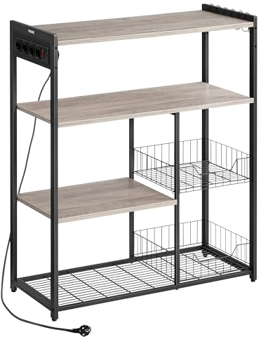 VASAGLE Scaffale per Microonde con 2 Cesti, Scaffale da Cucina con Stazione di Ricarica, Ripiani e Ganci, 35 x 80 x 93,5 cm, Stile Industriale, Greige Melange e Nero Inchiostro KKS196K02