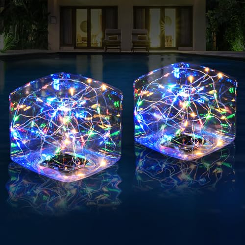 DeeprBlu Luci Solari Galleggianti per Piscina, Luci Solari LED Colorate per Stagni, 14cm Cubiche, Luminose al Buio, IP68 Impermeabile Solare Luce Galleggianti per Piscina Stagno Decor Esterna - 2Pezzi