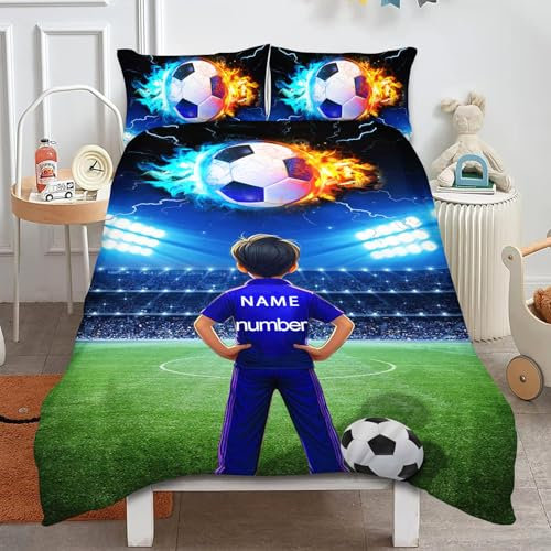 Fadaing Personalised Bed Linen with Name Text, Individual Football Bed Linen Personalised with Name, 135 x 200 cm Bed Linen, Football Duvet Cover with Zip (1, Single 140 x 210 cm)