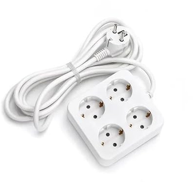 Quadratische Basis mit 4 Steckdosen, max. 3680 W, zweipolig, mit seitlicher Erdung und 1,5 m langem Kabel. Ideal für die Organisation Ihrer Geräte und für eine sichere und effiziente Verbindung.