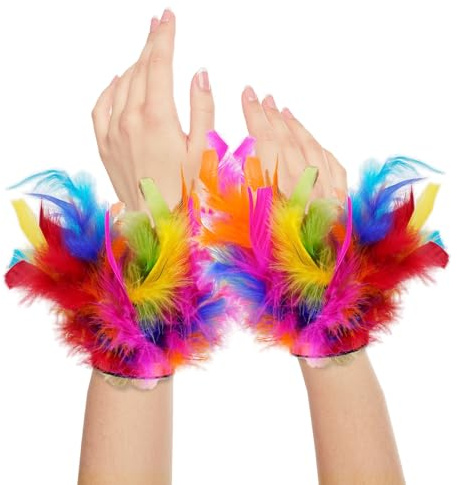 Dmnnlp Feder Manschetten, Federn Bunt Manschetten, Karneval Regenbogen Kostüm Accessoires, Bunte Federstulpen für Karneval Halloween Cosplay Party Kostüm Accessoire