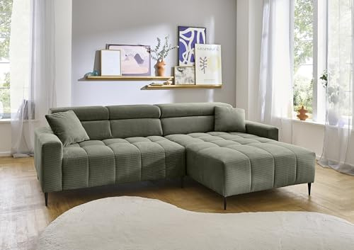 Wohnlandschaft >Stanislaw< in grün, Ottomane rechts, elektrische Sitztiefenverstellung, Metallfüße schwarz gepulvert, Nosagunterfederung, Polyätherschaum, inkl. 2 Zierkissen, 256x78-100x180 cm (BxHxT)