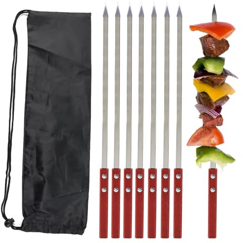 Jadin 8 PCS Brochetas de Barbacoa de Acero Inoxidable, Brochetas de Kebab Planas de 42cm, Mango de Madera Resistentes al Calor, Brochetas para Barbacoa Reutilizables, Accesorios Barbacoa con Bolsa