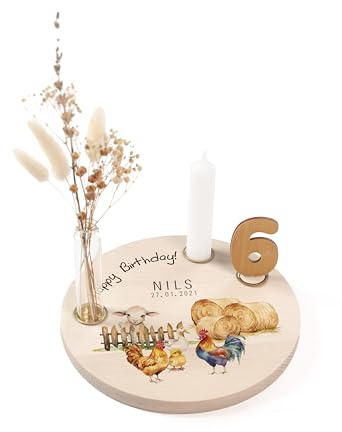 Nord-Kind® Geburtstagsteller personalisiert – Bauernhof | Personalisiert aus Buchenholz, inkl. Kerze, Vase, Zahlen und Haltern; 20 cm.