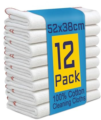 Symphony Jumbo Dish Cloths for Washing Up 12 Pack, Kitchen Cleaning Cloth, Tea Towels for Kitchen, Extra Large Dish Cloths for Washing Up, Highly Absorbent White (52X38Cm)