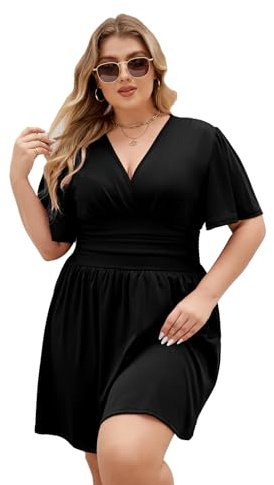 LIAMERHE Damen Übergröße Sommerkleid mit V-Ausschnitt und Schmetterlingsärmeln A-Linie Kurzarmkleid für Mollige Frauen Elegantes Casual Mode Freizeitkleid in Plus Size Schwarz XL