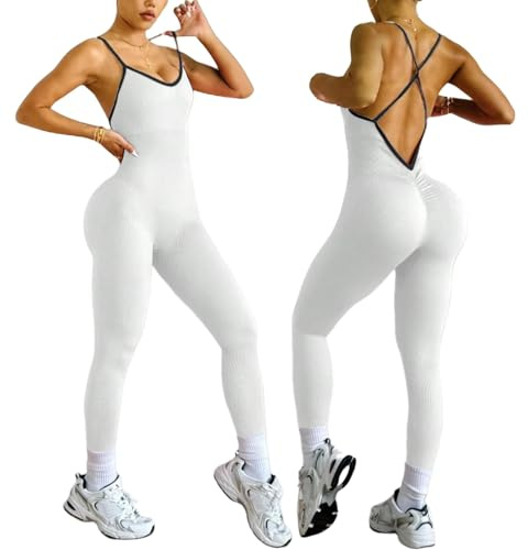 XDSP Overall Kvinnor Sportig Elegant Tight Scrunch Butt V Tillbaka Jumpsuit Jumpsuit Slims Ärmlös Sport Rygglös Yoga Jumpsuit One-Piece Gym Bodysuit, Vit, S