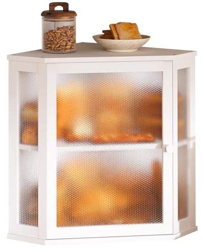 Furshus Corner Bread Box for Kitchen Countertop,Bread Storage for Homemade Bread, Double Layer Large Bamboo Kitchen Storage Bin with Window (White, Large)