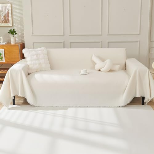 OstepDecor Chenille Sofa Cover 3 Seater, Dog Couch Cover for Corner Sofa, Washable Sofa Slipcover, Couch Protector Loveseat L Shaped Covers with Tassel, Suitable for All Seasons, 180 x 300 cm, Beige