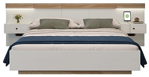 SogesPower Doppelbett Schwebebett mit 2 LED-Nachttischen und USB-C-Ladestation, Inklusive Abnehmbarer Nachttische in Eiche Sonoma/Weiß, Robuster Lattenrost & Schwebedesign 140x200cm