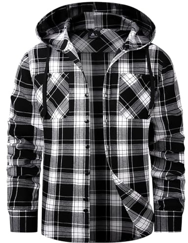 SwissWell Flanellhemd Herren Kariertes Hemd mit Kapuze Holzfällerhemd Langarm Karo Hemdjacke Outdoor Kapuzenhemd Männer Trachtenhemd Weiß-Schwarz L