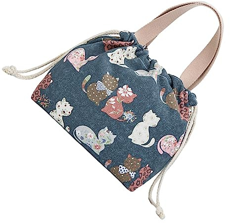 KOCKSHION Insulated Lunch Bag Tote Portable Drawstring Canvas Lunch Carrying Bag with Handle for Women Office Travel Navy Blue Floral Cat Pattern