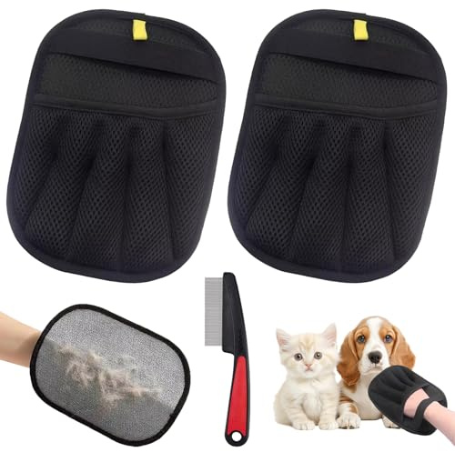 VEGCOO 3 Stück Doppelseitige Tierhaarentferner Handschuhe + Flohkamm, Katzenhaarentferner Handschuh, Fell Magnet Handschuh Für Katzen Und Hunde, Möbel,Kleidung Und Polstermöbel