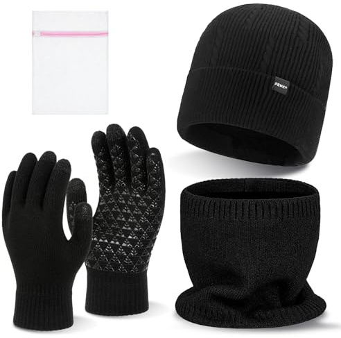 KASURE 3 en 1 Ensemble Hiver Bonnet Écharpe Gants Unisexe, Gants Hiver Tactile, Tricoté Doublé Polaire Chaud pour Homme Femme, Cache-Cou Extensible pour Activités Sportives de Plein Air(Noir)