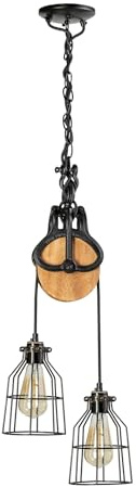 UL Listed Industrial Pulley Pendant Light, Double Black Steel Cage, Kitchen Island Chandelier with Wheel Design (Wood & Steel Light)