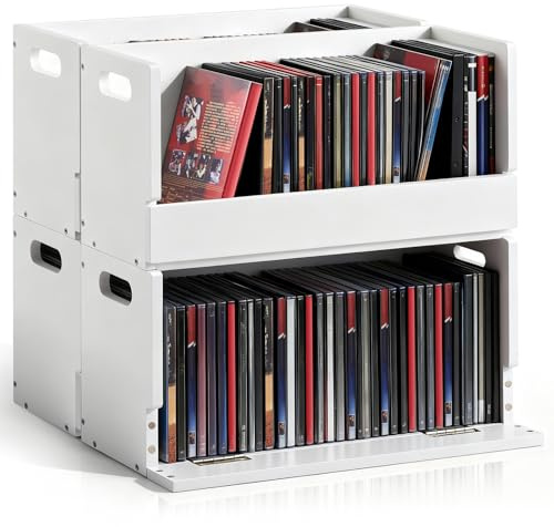 CroBlissful 4 Set Wooden DVD Storage Box DVD Storage Shelf Holder Solid Wood Cassette Tape Display Organizer with Carrying Handle for CD, Movie Cases, Each Organizer Can Store up to 26 Boxes (White)