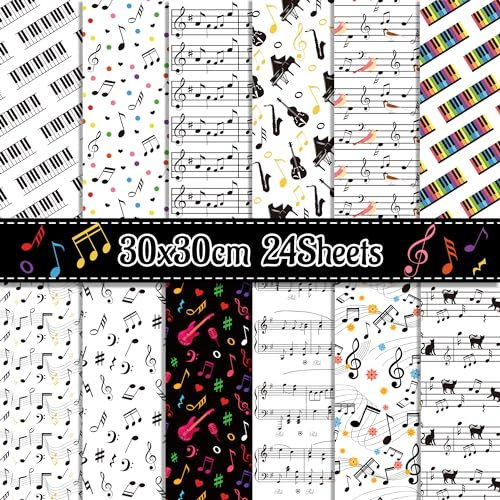 24 Blatt Scrapbook Papier mit Noten-Muster, 12-Typen Doppelseitige Dekorpapier Musik Noten für Musikliebhaber Origami Papier Journal Motivpapier DIY Fotoalbum 30x30CM