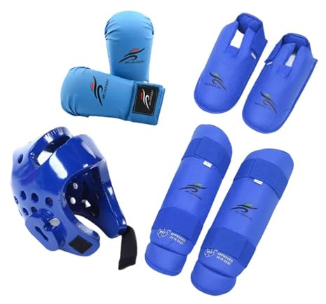 KiBcsLic Karate Sparring Ausrüstungsset, Box Kopfschutz mit Schienbeinschonern, Box Kopfschutz für Karate, blau M