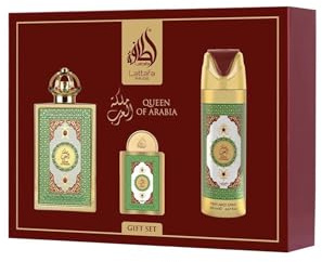 Lattafa Queen of Arabia Set de Regalo, Fragancia Árabe Femenina, Incluye Perfume EDP 100ml + Mini perfume 20ml + Desodorante 200ml + Atomizador, Coco, Vainilla y Ámbar (Queen of Arabia Gift Set)