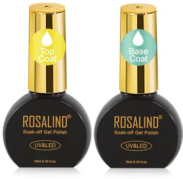 ROSALIND Base y Top Coat Esmalte Semipermanent 2 Piezas 10ML | Capa Base y Capa Superior Pintauñas Semipermanentes, UV LED Top Coat y Base Coat para Pintauñas Gel Nail Art Manucura Set