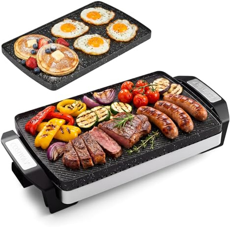 COSTWAY Reversible Grill Griddle 1500W, 2-in-1 Dual Sided Electric Grill with Non-Stick Cooking Surface, Adjustable Temperature, Cool-Touch Handles & Removable Plate, Indoor Outdoor Table Top Grill