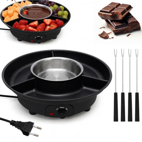 Elektrisches Schokofondue, Schokoladen Fondue mit 4 Gabeln, Temperiergerät zum Schokolade & Kuvertüre Schmelzen, 2 Temperaturstufen, Schokoladenbrunnen für Schokolade Obst Marshmallow (Schwarz)