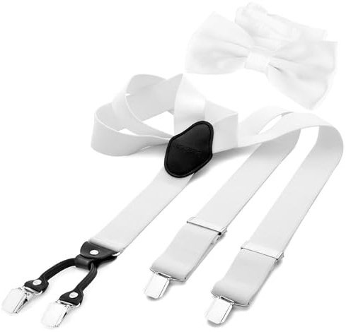 DonDon Set di bretelle eleganti e papillon per uomo, forma a Y, larghezza 3,5 cm, fatto a mano - Accessorio elegante per matrimonio, festa, smoking - Bianco