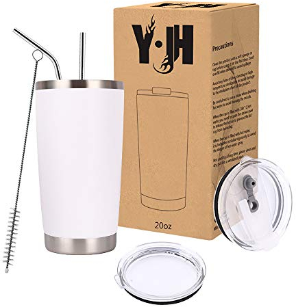 Y·J&H 20oz (550ml) Travel Tumbler Double Wall Vacuum Insulated Coffee Mug Stainless Steel Coffee Cup with 2 Splash Proof Lid, 2 Straws & Free Cleaning Brush, BPA Free - White