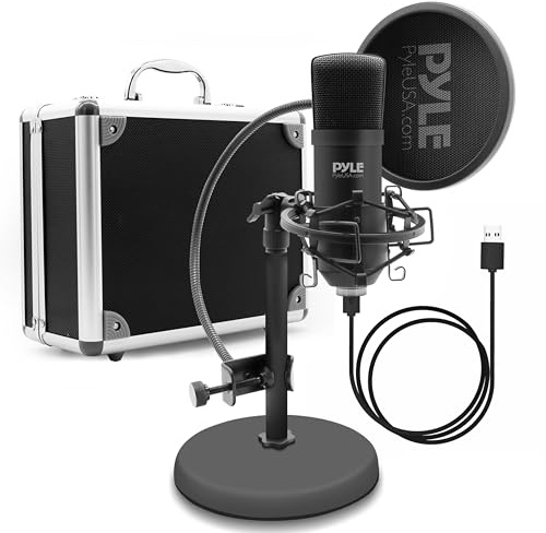 Pyle USB Condenser Microphone Kit – PC Gaming Mic with Pop Filter, Stand, and Case, Plug & Play USB Microphone for Streaming, Podcasting, Recording, YouTube & Desktop Use
