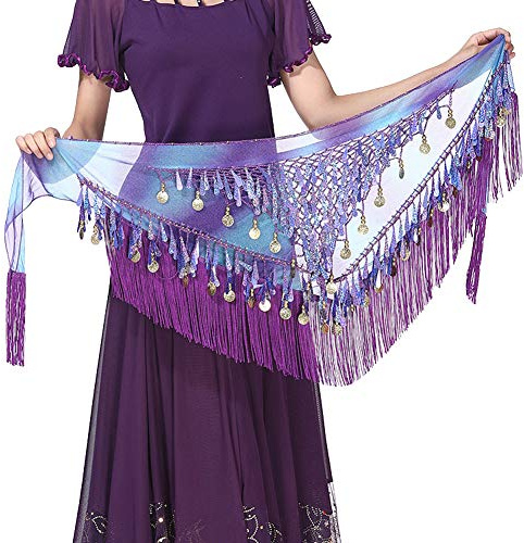 YAOTT Damen Chiffon Hüfttuch Münztuch Münzgürtel Bauchtanz Gürtel mit Pailletten und Münzen Bauchtanz Samba Belly Dance Lila-blau One Size