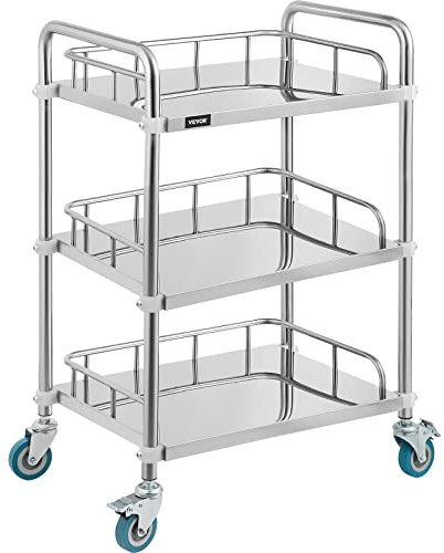VEVOR Carrello da Laboratorio 3 Strati Carrello Medico in Acciaio Inox con 4 Ruote a 360 °e 2 Freni per Ospedale, Farmacia e estetica,60x40x85, Argento