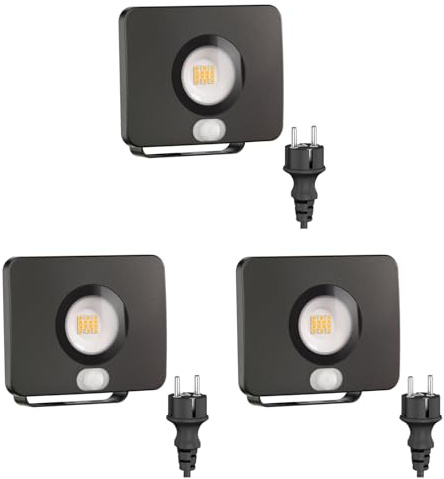 ledscom.de 3x LED Gartenstrahler WEGA für außen, IP44, Bewegungsmelder, Stecker, schwarz, 11,4 W, 944lm, warmweiß