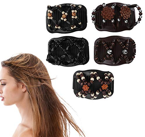 5 Stück Magic Hair Comb Clip, Holzperlen Doppelhaarkamm Clip Stretchy Hair Side Combs Clips Haarzubehör Haarstyling-Tool für Wowen Girls