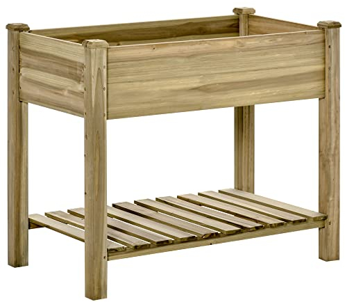 Outsunny Letto per Orto Rialzato in Legno con Ripiano Inferiore, Fioriera da Esterno Portapiante per Giardino e Balcone, 91x51x76cm