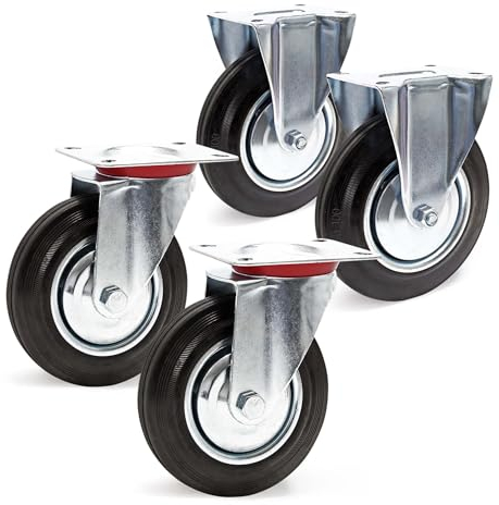 Wiltec Kit de 4 Roulettes – Ø 200 mm – Capacité 150 kg – 2x Roulette pivotante, 2 x Roulette fixe – Roue en caoutchouc avec Plaque de montage Jante métallique – Dispositif de transport, diable